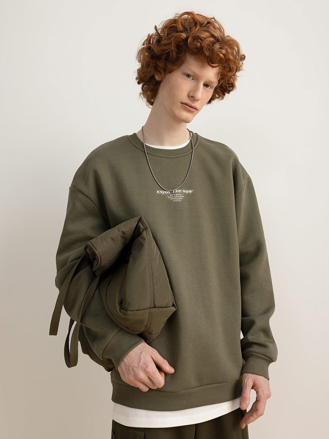 

DeFacto Typography Printed Round Neck Pullover Sweatshirt, Olive