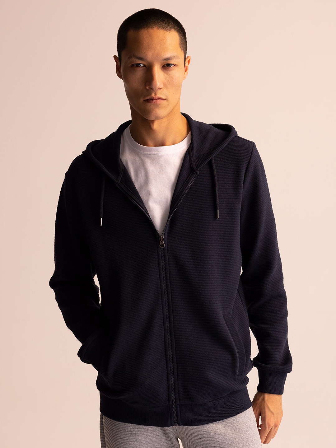 

DeFacto Full Sleeve Hooded Ribbed Open-Front Sweater, Navy blue