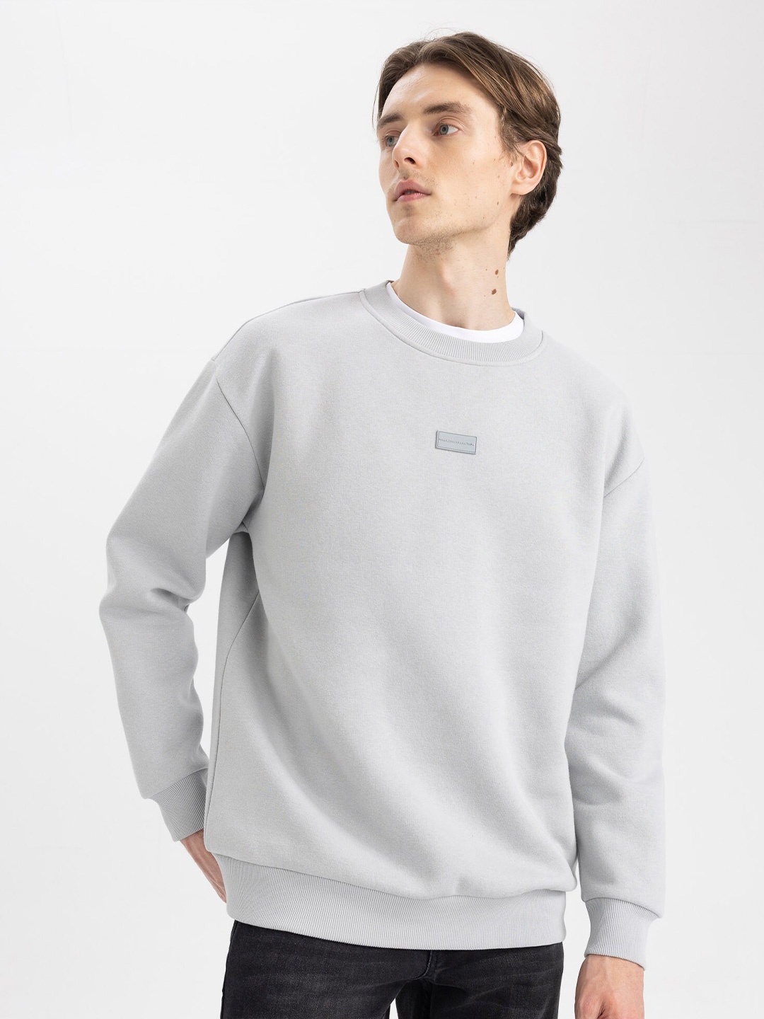 

DeFacto Round Neck Full Sleeve Ribbed Pullover, Grey