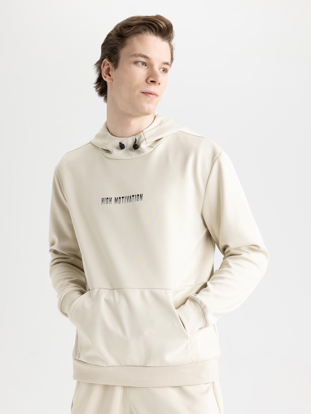 

DeFacto Typography Printed Hooded Long Sleeve Pullover, Beige