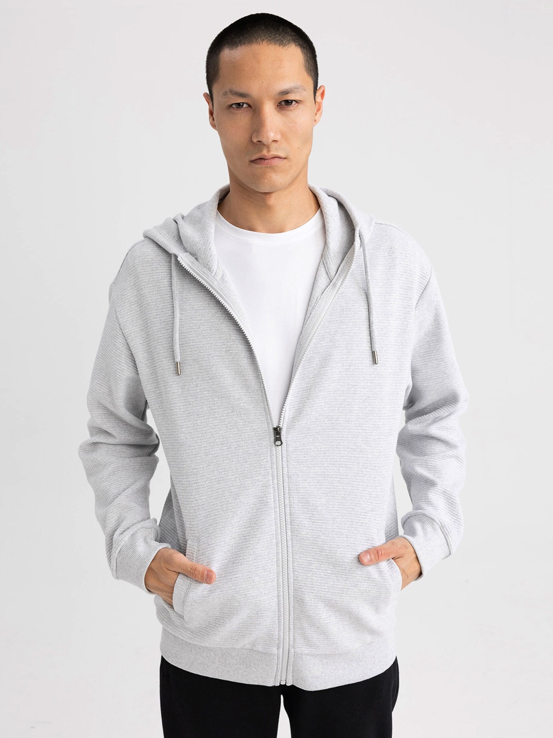 

DeFacto Hooded Ribbed Front-Open Sweaters, Grey