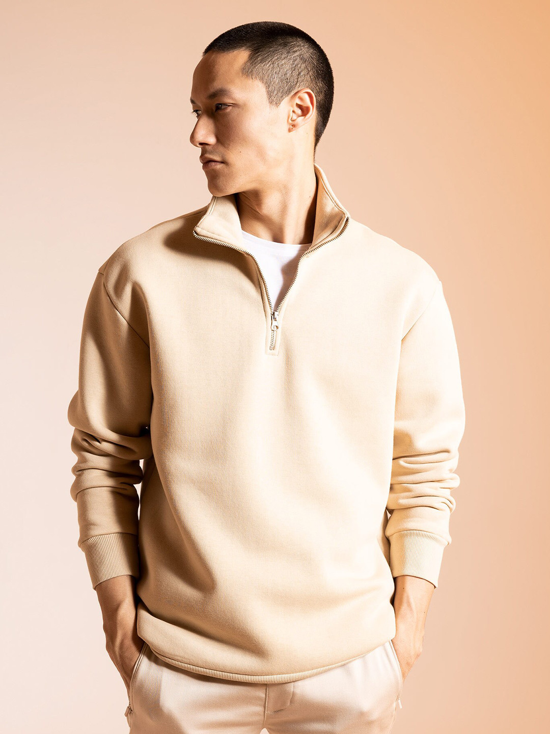 

DeFacto Men Mock Collar Pullover, Beige