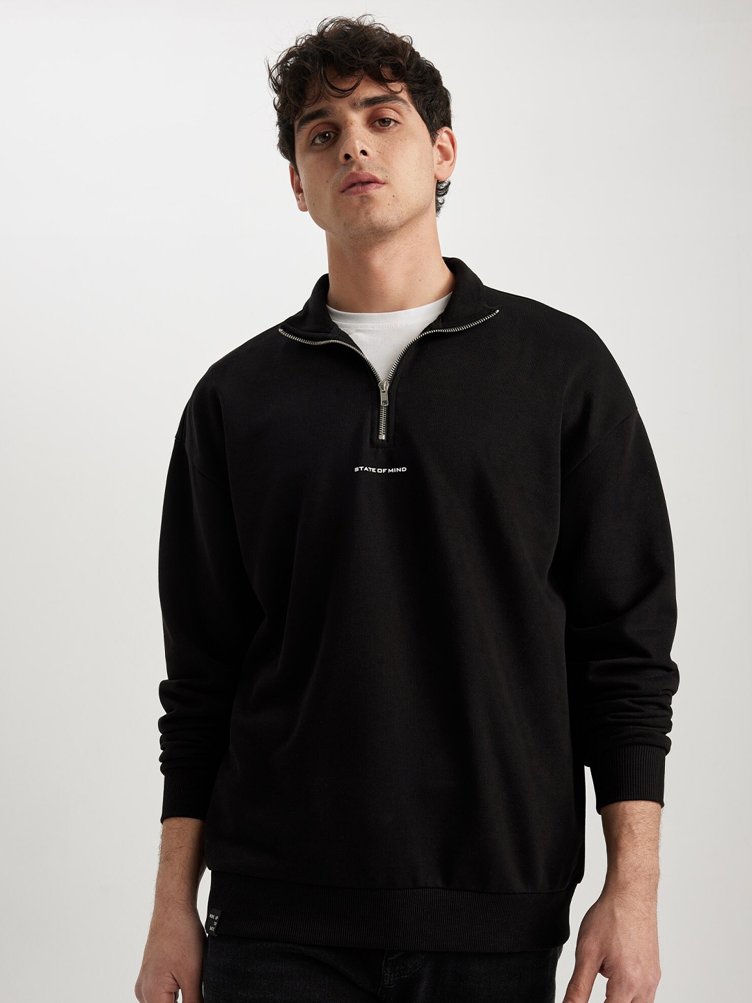 

DeFacto Mock Collar Pullover Sweatshirt, Black