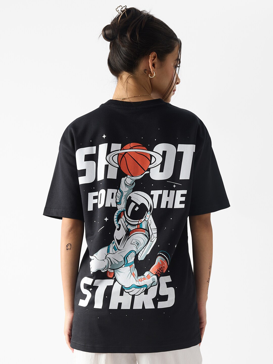 

The Souled Store Black & white Graphic Printed Oversized Fit Pure Cotton Casual T-shirt