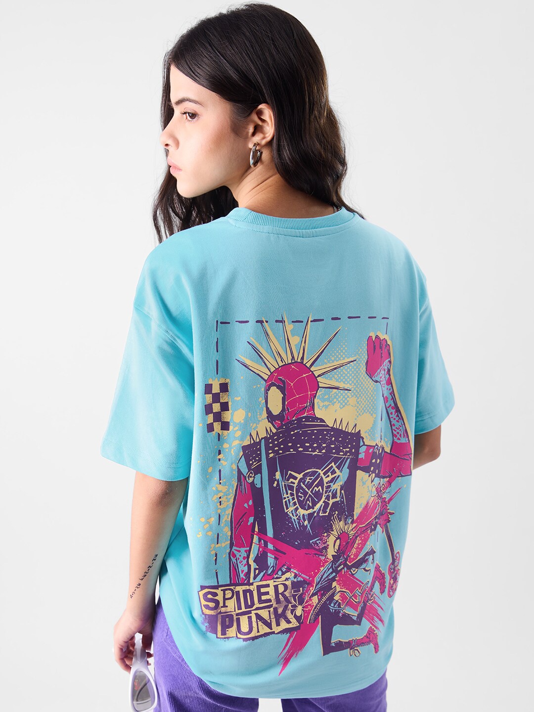 

The Souled Store Blue & Pink Spider Man Printed Oversize Fit Pure Cotton Casual T-shirt
