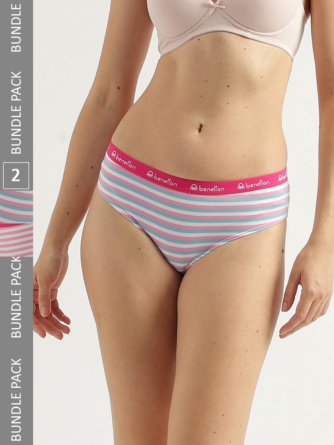 

United Colors of Benetton Women Pack Of 2 Striped Breathability Hipster Briefs, Pink