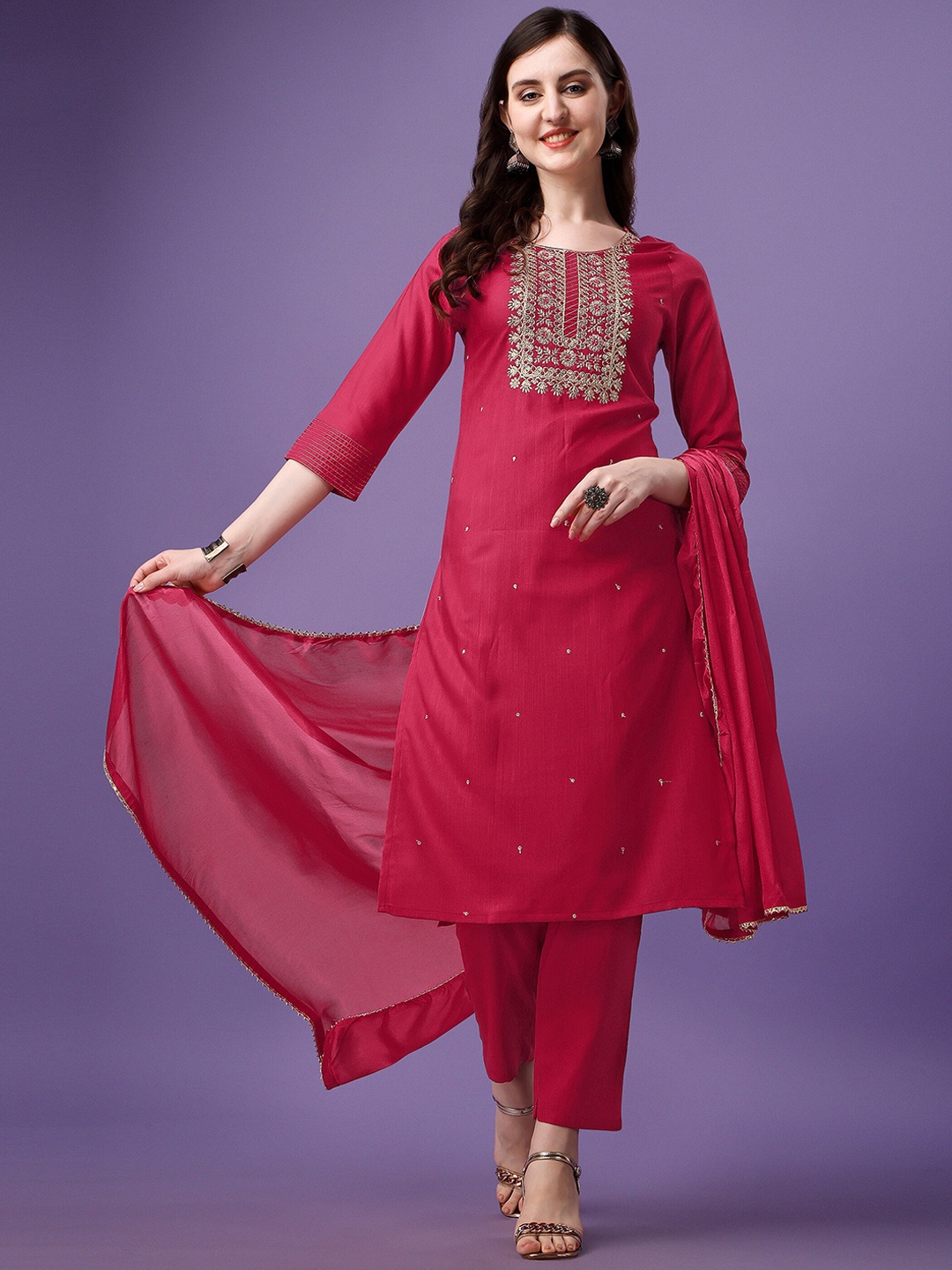 

KALINI Round Neck Floral Embroidered Thread Work Kurta & Trousers With Dupatta, Pink