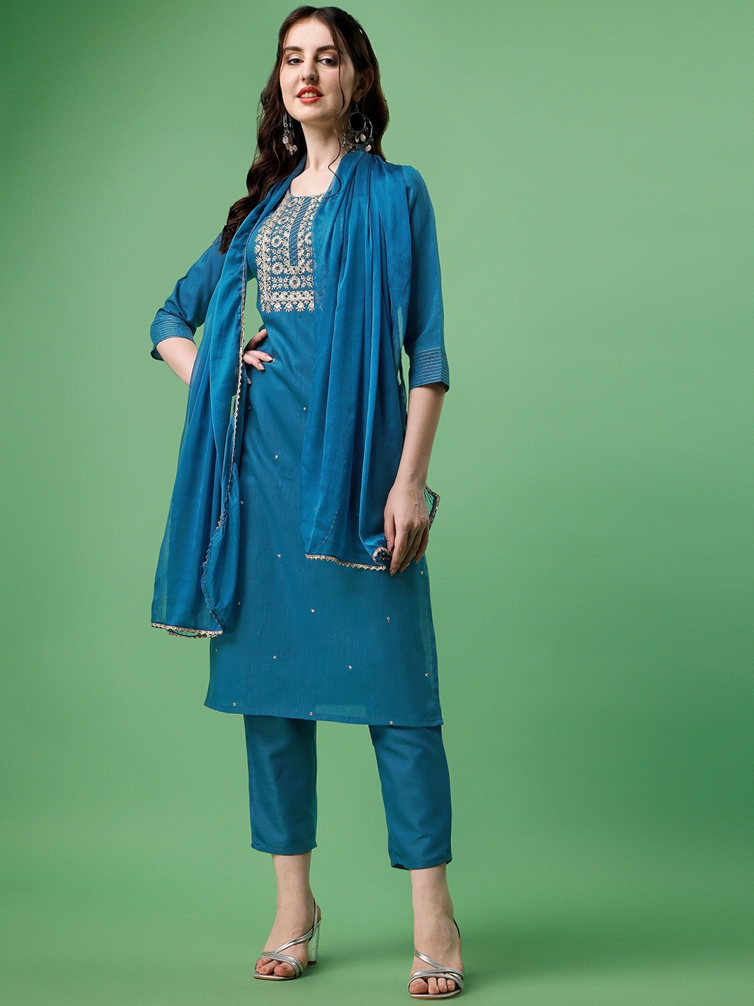 

KALINI Round Neck Floral Embroidered Thread Work Kurta & Trousers With Dupatta, Turquoise blue