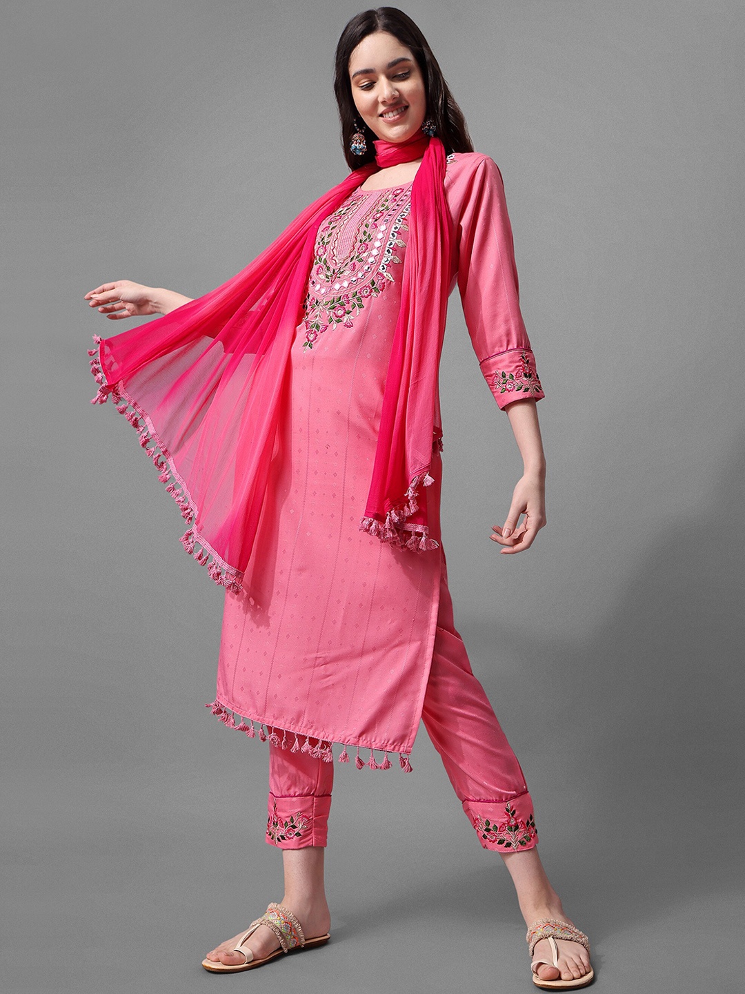 

KALINI Floral Embroidered Mirror Work Kurta with Trousers & Dupatta, Pink