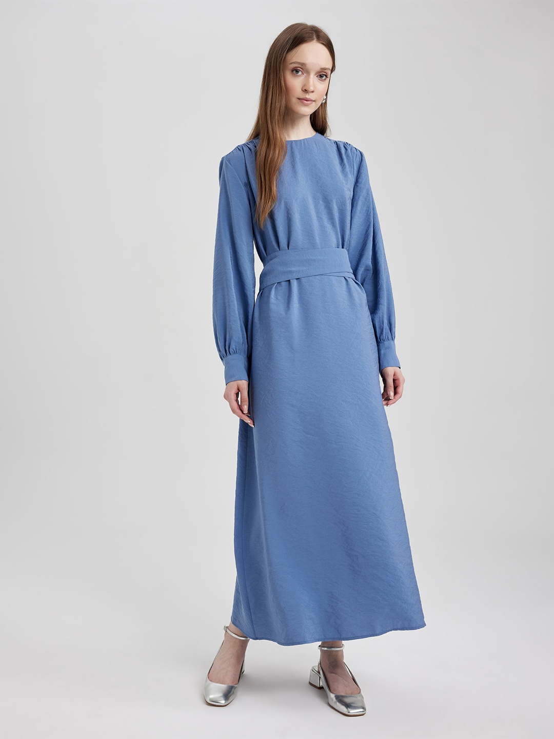 

DeFacto Belt Detailed Round Neck Puff Sleeve Modal A-Line Maxi Dress, Blue