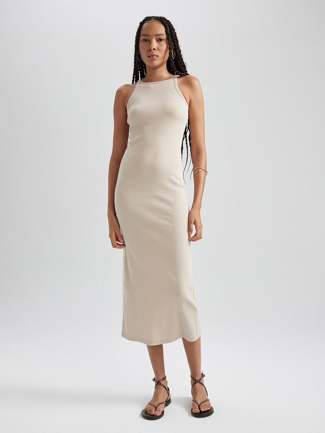 

DeFacto Round Neck Cotton Bodycon Maxi Dress, Beige