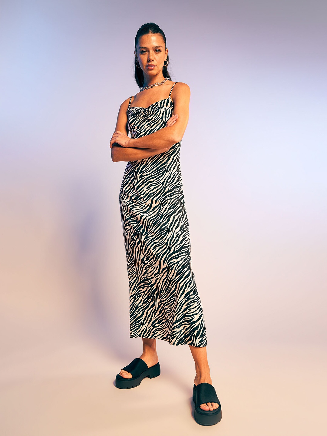 

DeFacto Animal Printed Shoulder Straps Maxi Dress, Black