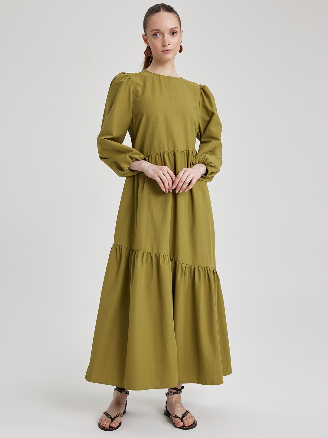

DeFacto Puff Sleeves Maxi Dress, Olive