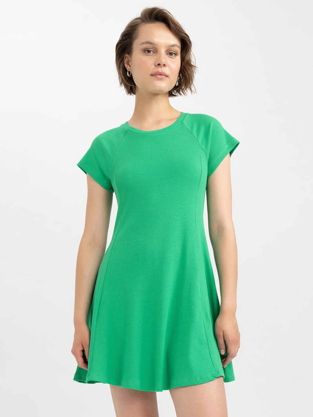 

DeFacto Round Neck Ribbed A-Line Dress, Green
