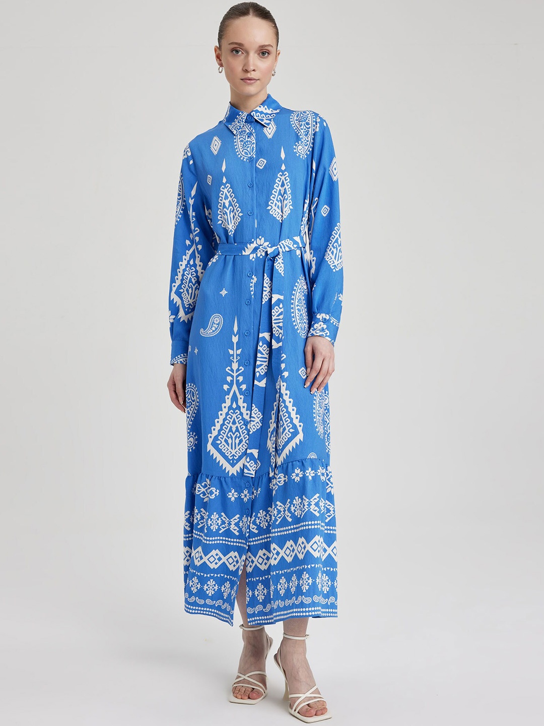 

DeFacto Ethnic Motifs Printed Shirt Maxi Dress, Blue