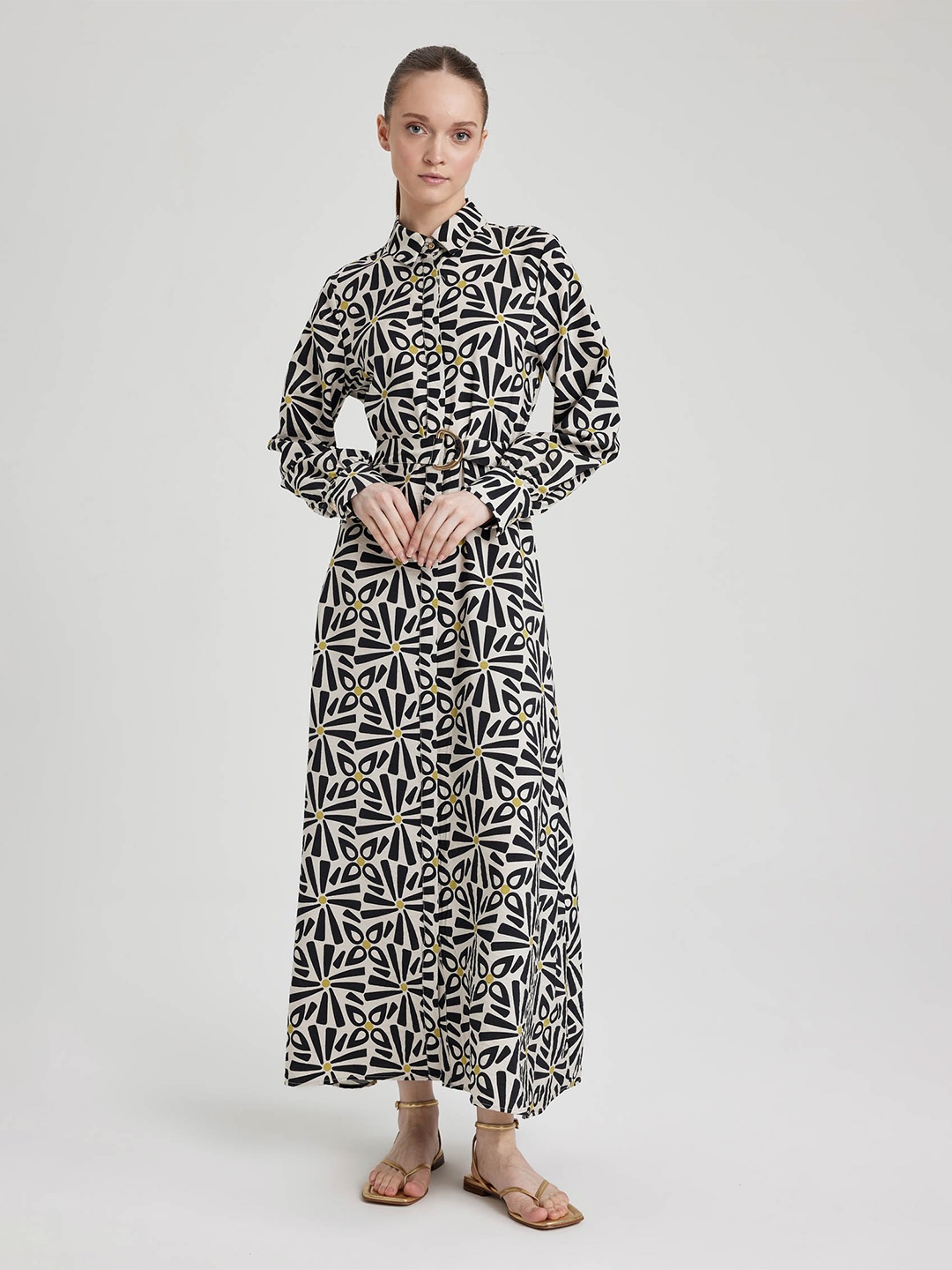 

DeFacto Floral Printed Shirt Collar Long Sleeves A-Line Maxi Dress, Black