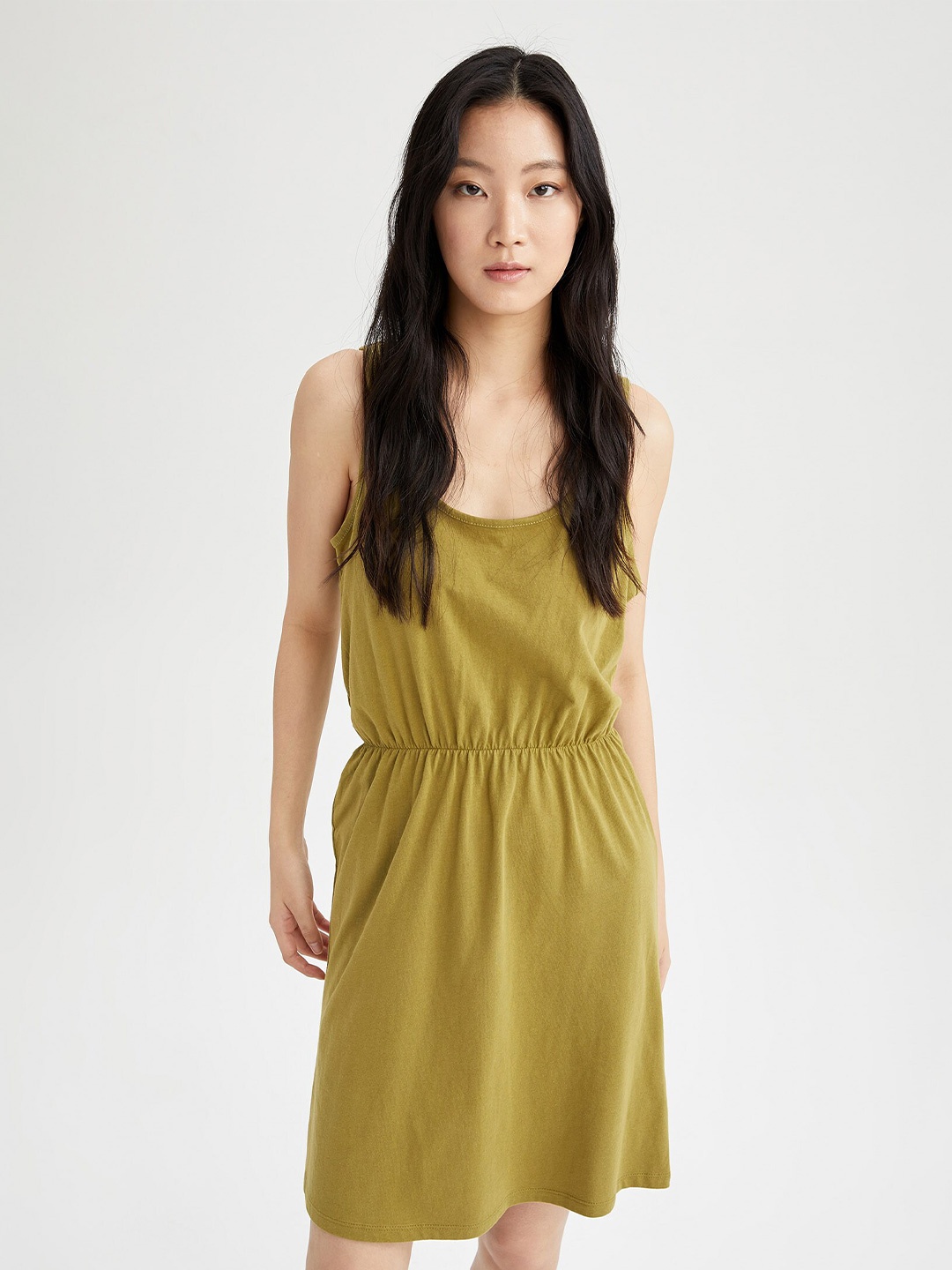 

DeFacto Shoulder Straps Pure Cotton A-Line Dress, Olive