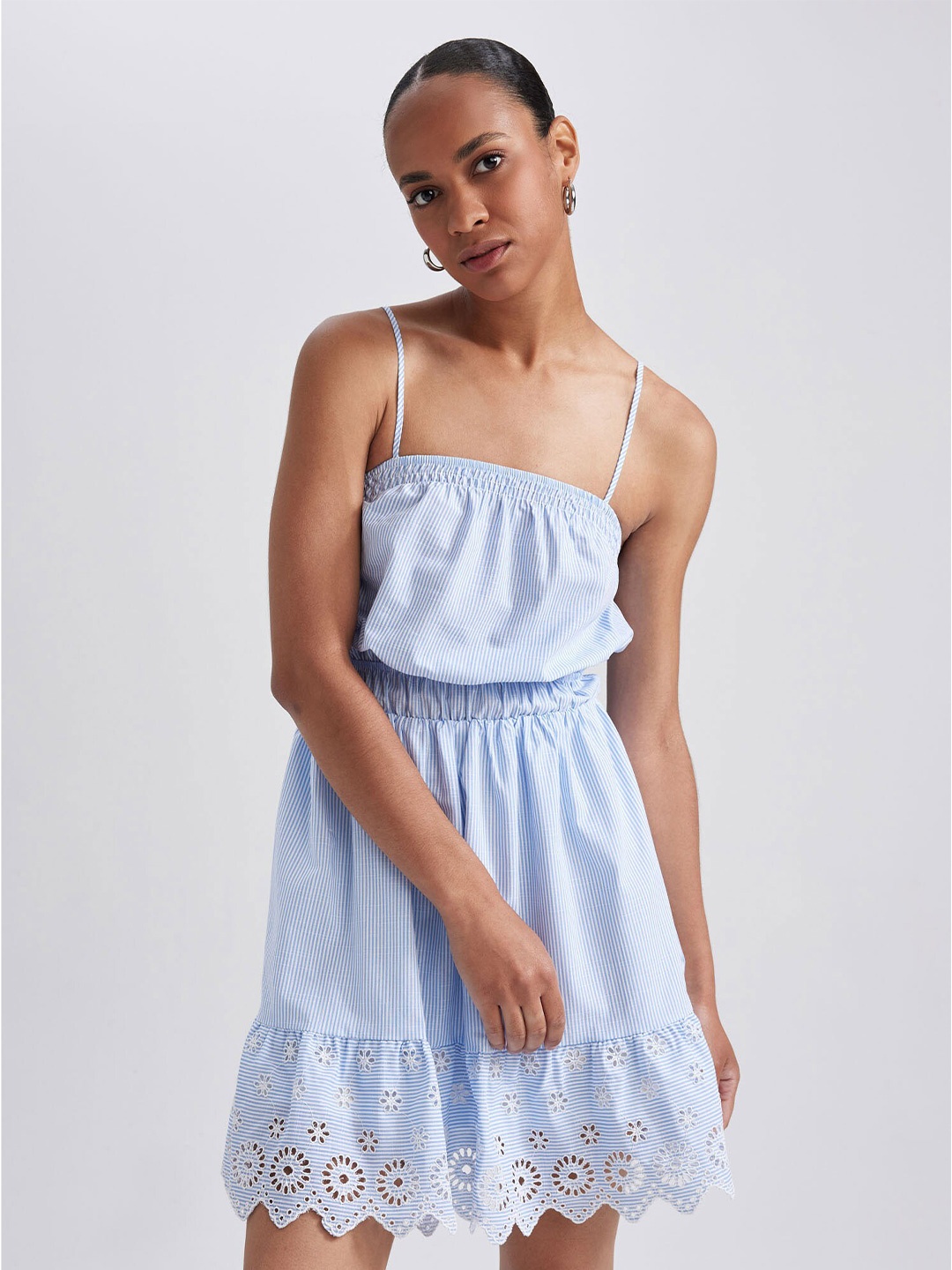 

DeFacto Striped Shoulder-Straps Pure Cotton Fit & Flare Dress, Blue