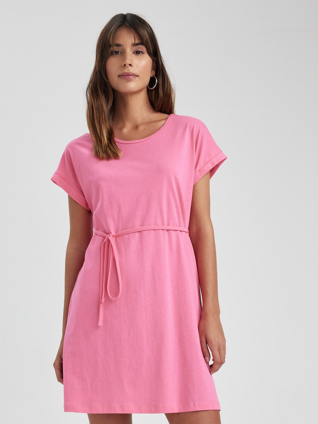 

DeFacto Round Neck Extended Sleeves Pure Cotton A-Line Dress, Pink