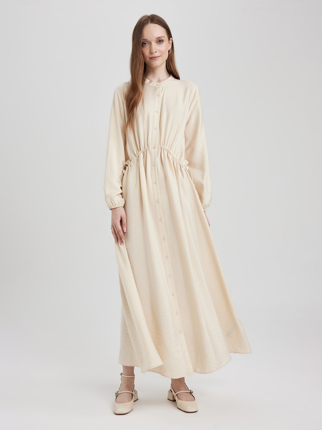 

DeFacto Mandarin Collar Tie-Ups Detail Maxi Dress, Beige