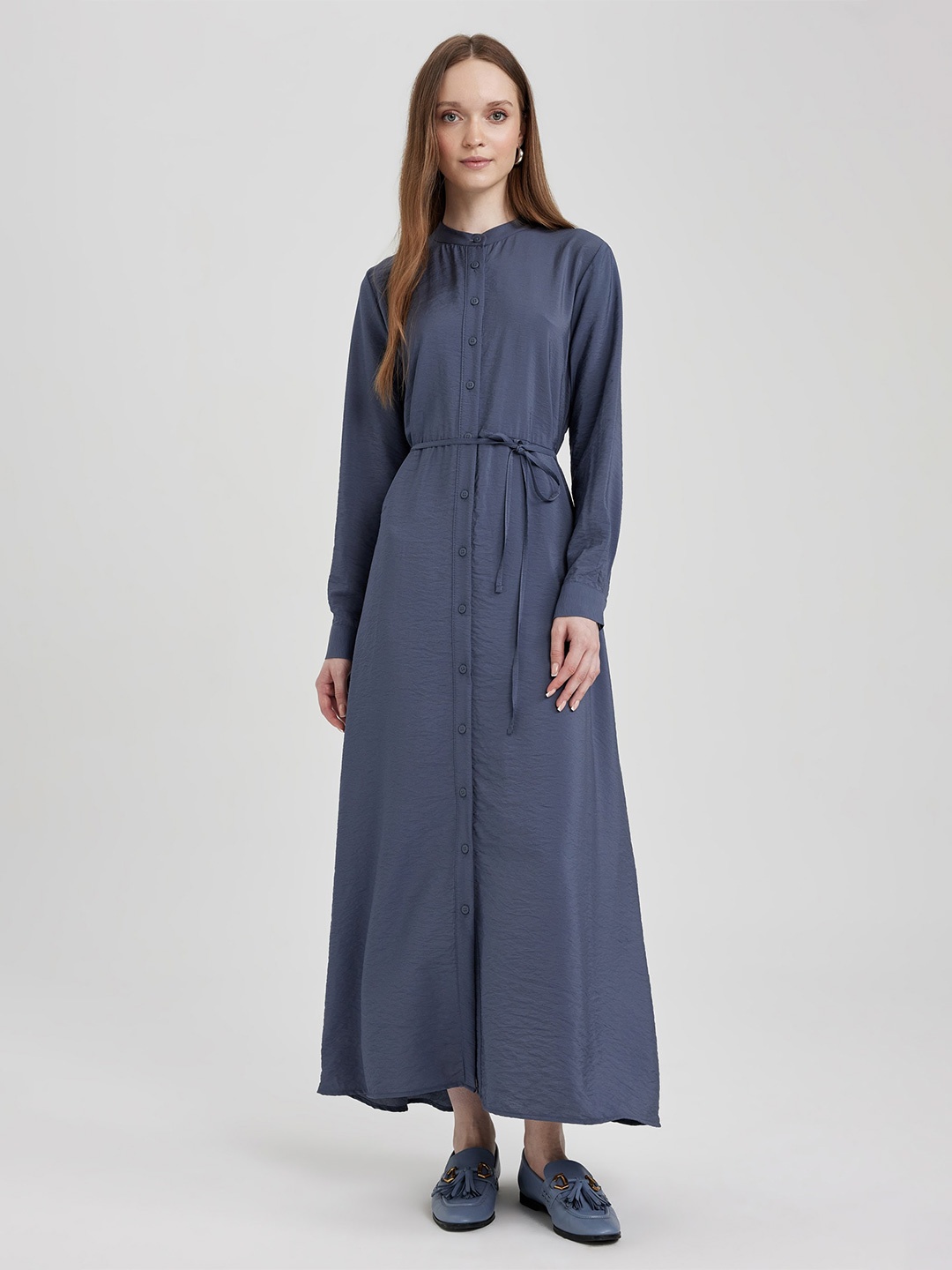

DeFacto Band Collar Wasit Tie-Up Maxi Dress, Grey