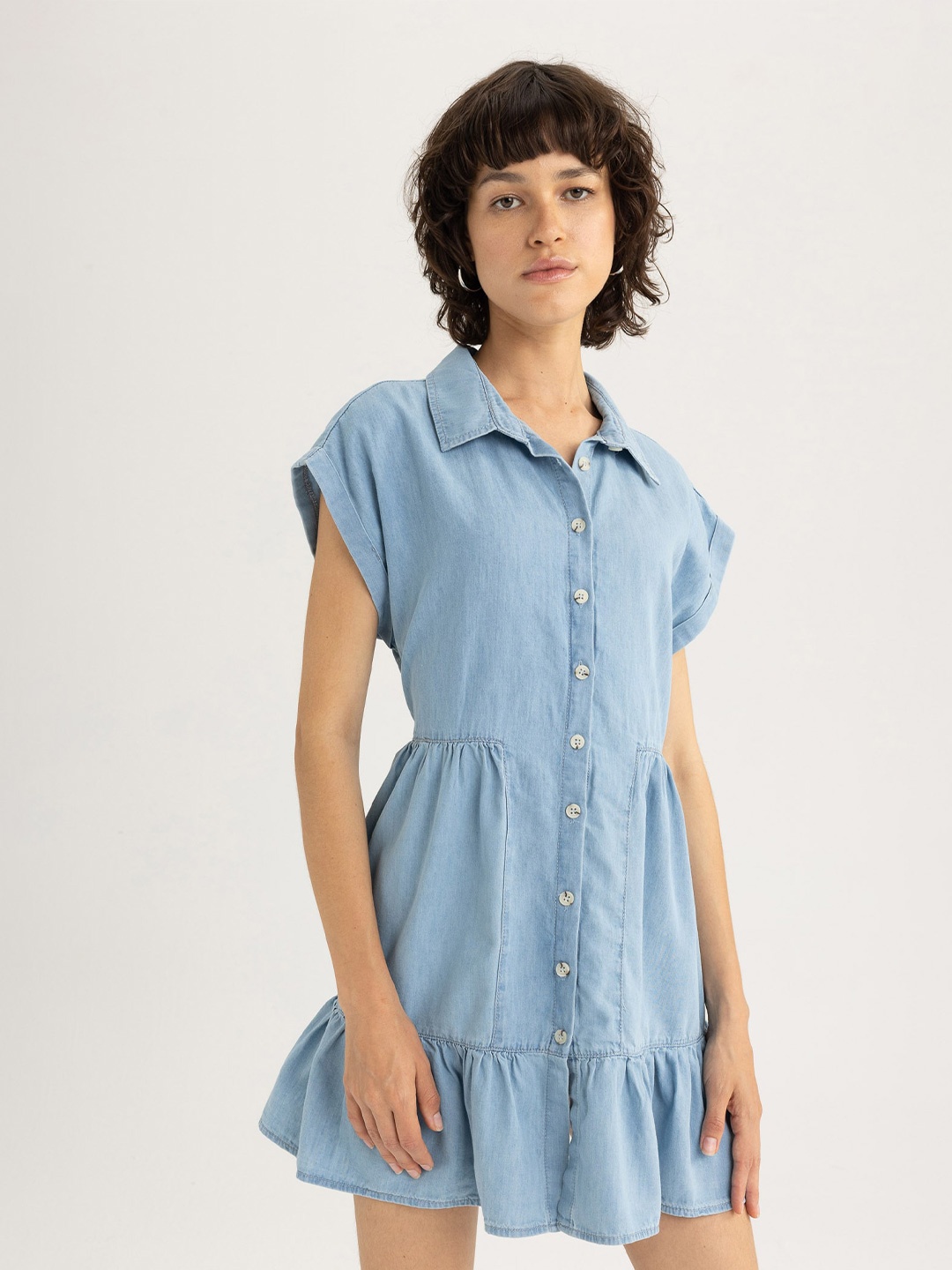 

DeFacto Extended Sleeves Shirt Mini Dress, Blue