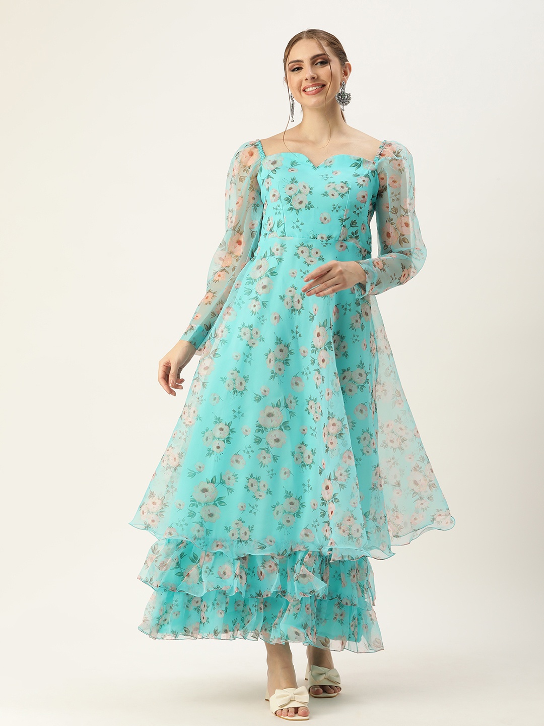 

Ethnovog Floral Print Sweetheart Neck Bishop Sleeves Layered A-Line Maxi Dress, Blue