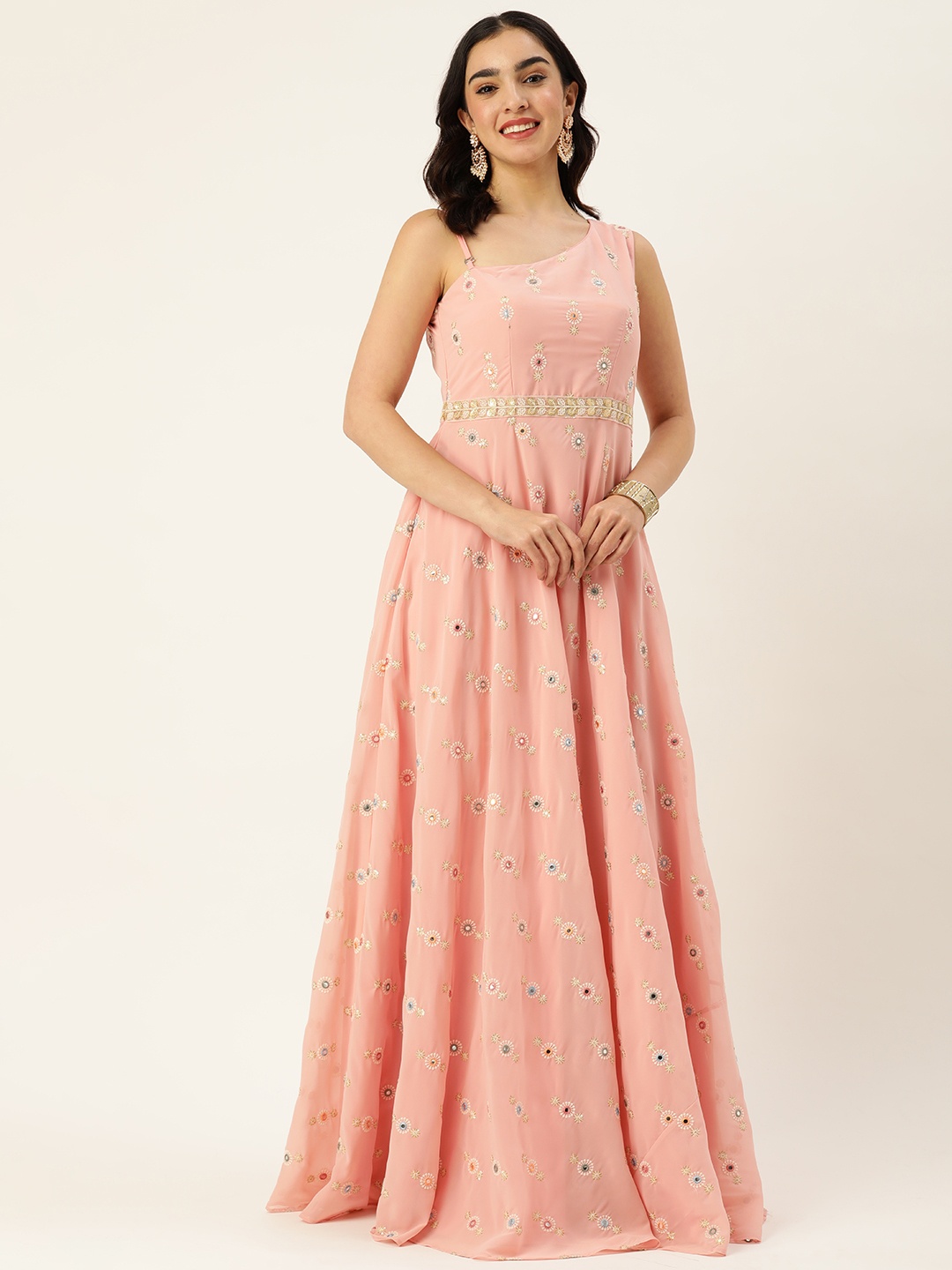 

Ethnovog Ethnic Motifs Embroidered One Shoulder Georgette Gown Maxi Dress, Pink
