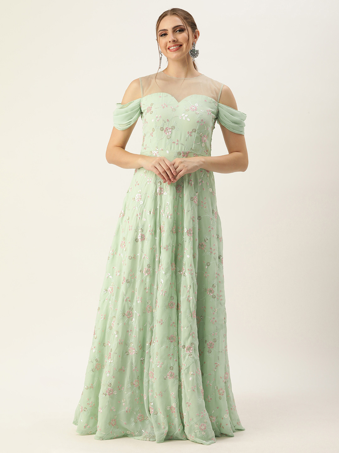 

Ethnovog Women Embellished Embroidered Sequined Georgette Gown Ethnic Dress, Green