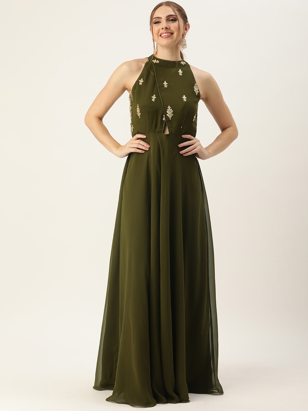 

Ethnovog Women Foral Embroidered Georgette Gown Ethnic Dress, Green