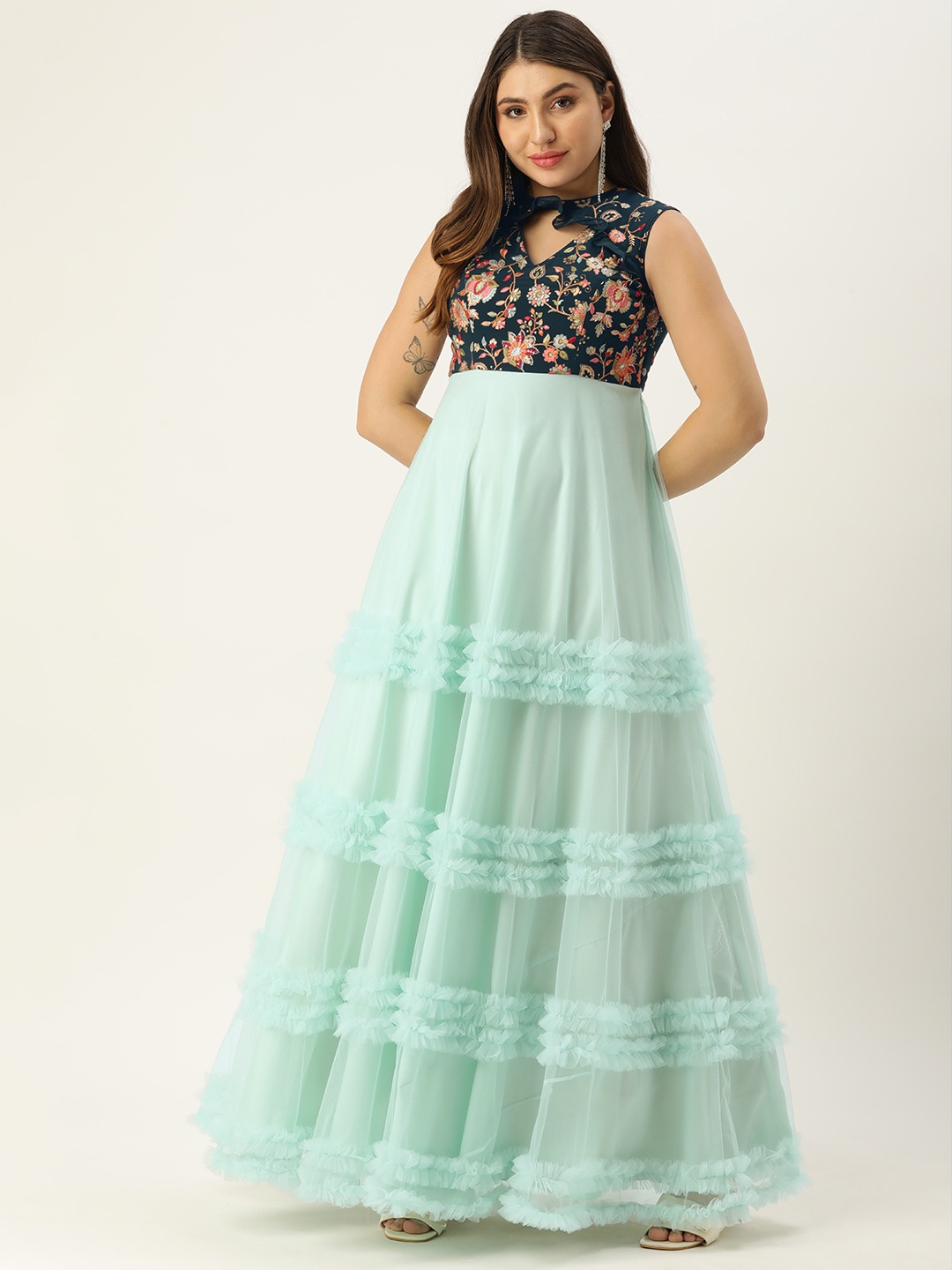 

Ethnovog Women Floral Embroidered Ruffles Georgette Gown Ethnic Dress, Blue