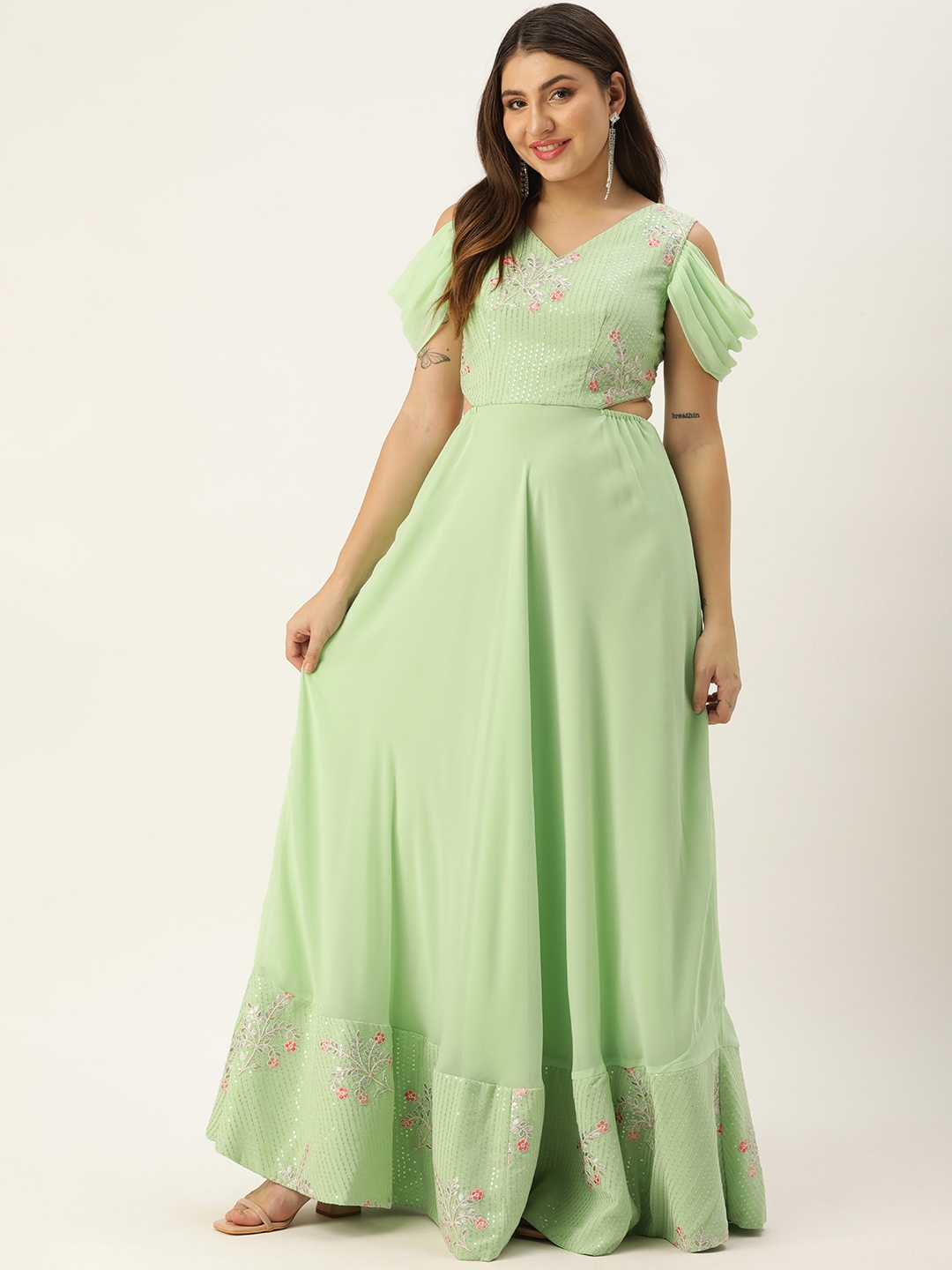 

Ethnovog Women Embellished Embroidered Cut-Outs Georgette Gown Ethnic Dress, Green