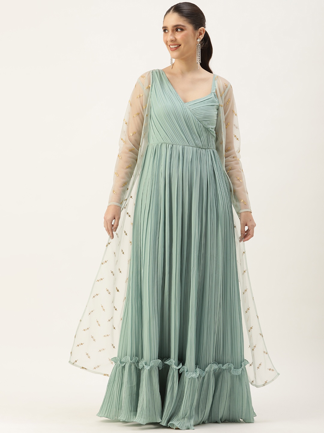

Ethnovog Georgette Maxi Dress with Shrug, Green