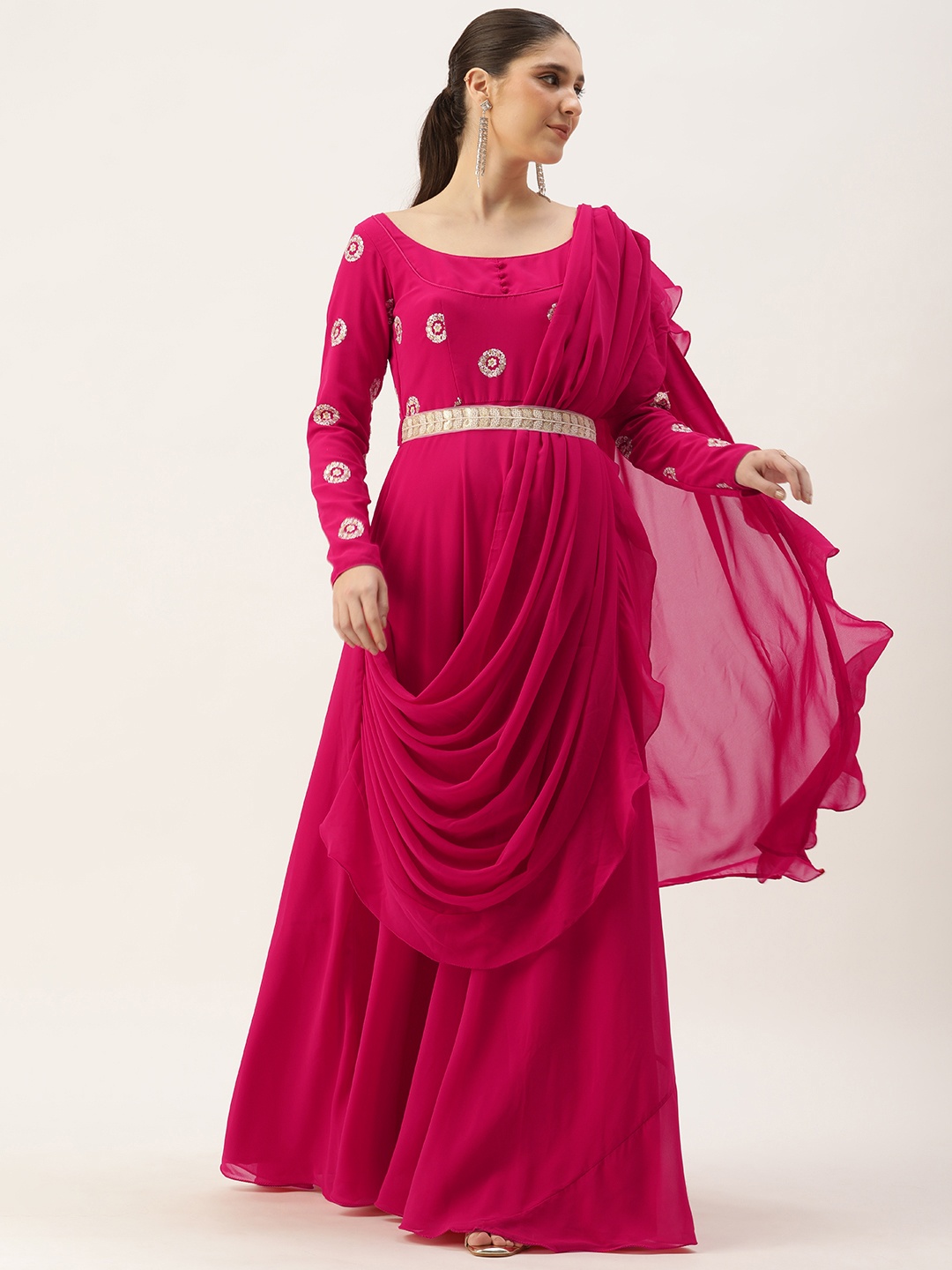 

Ethnovog Floral Embroidered Georgette A-Line Maxi Dress, Pink
