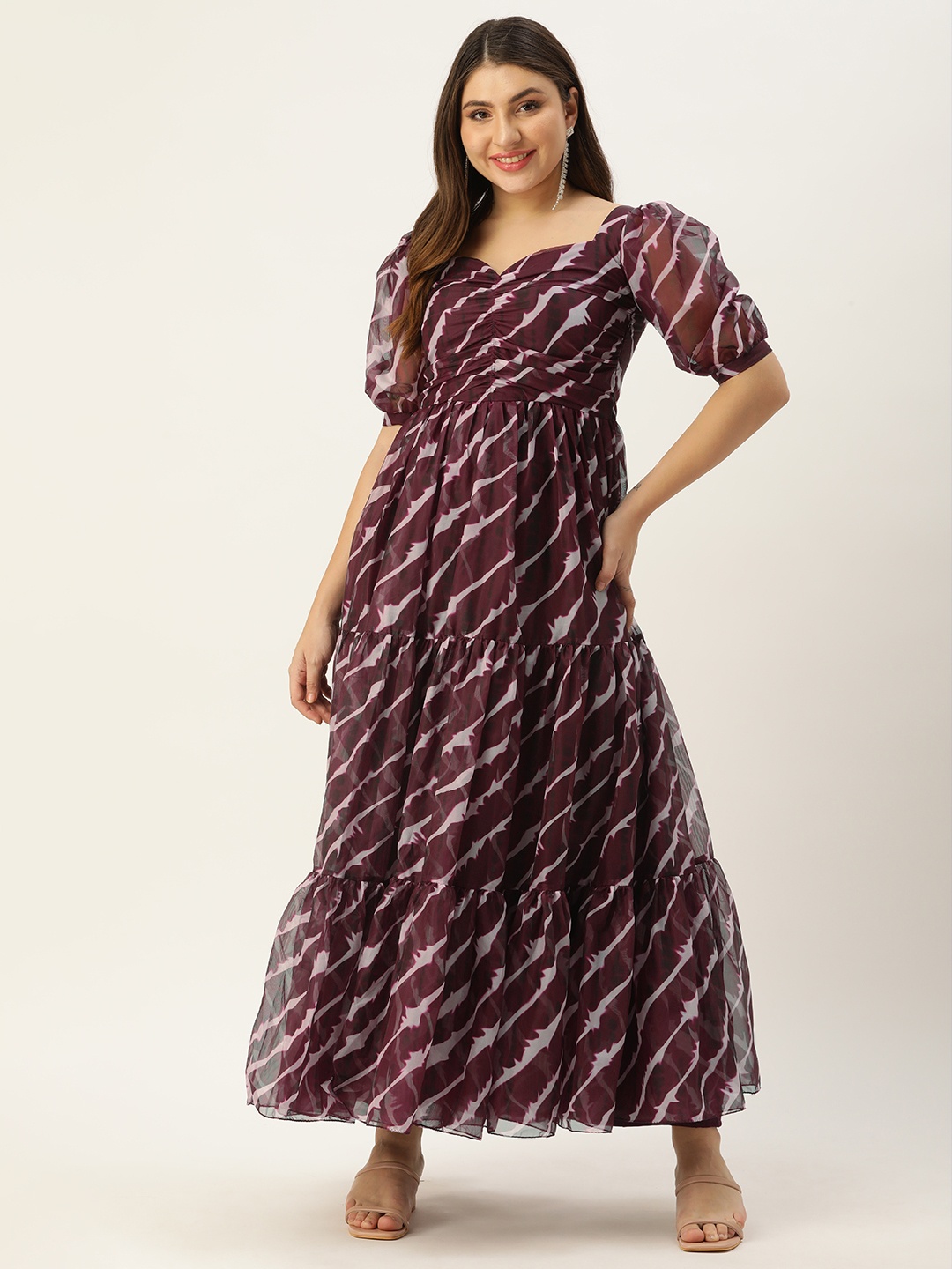 

Ethnovog Print Puff Sleeves A-Line Maxi Dress, Burgundy