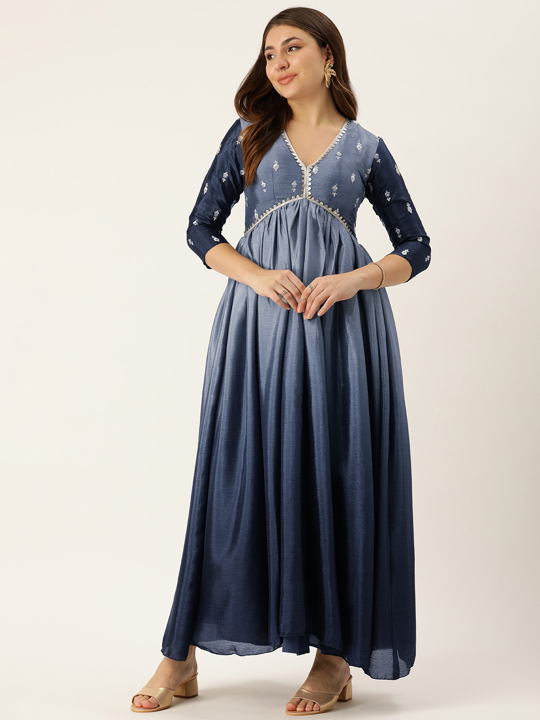 

Ethnovog Ethnic Motifs Embroidered Empire Maxi Dress, Grey