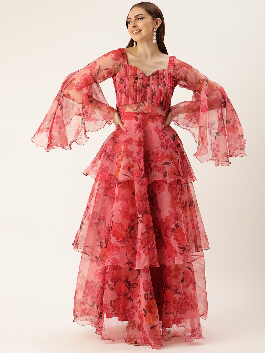 

Ethnovog Floral Print Bell Sleeves Sweetheart Neck Layered Maxi Dress, Orange