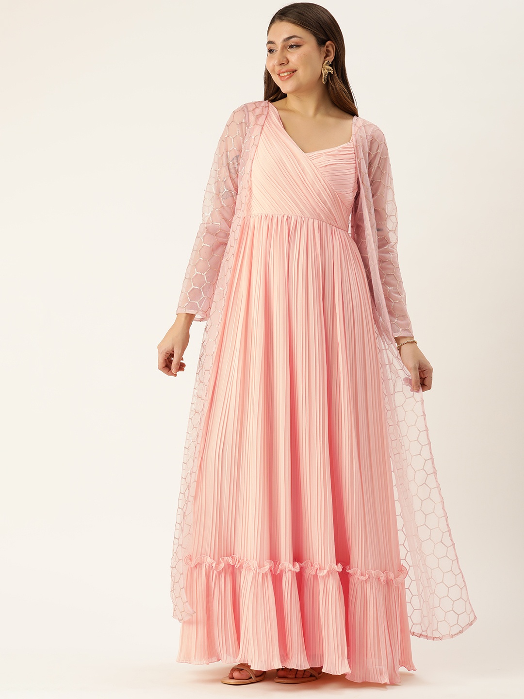 

Ethnovog Georgette Pleated Maxi Dress with Shrug, Peach
