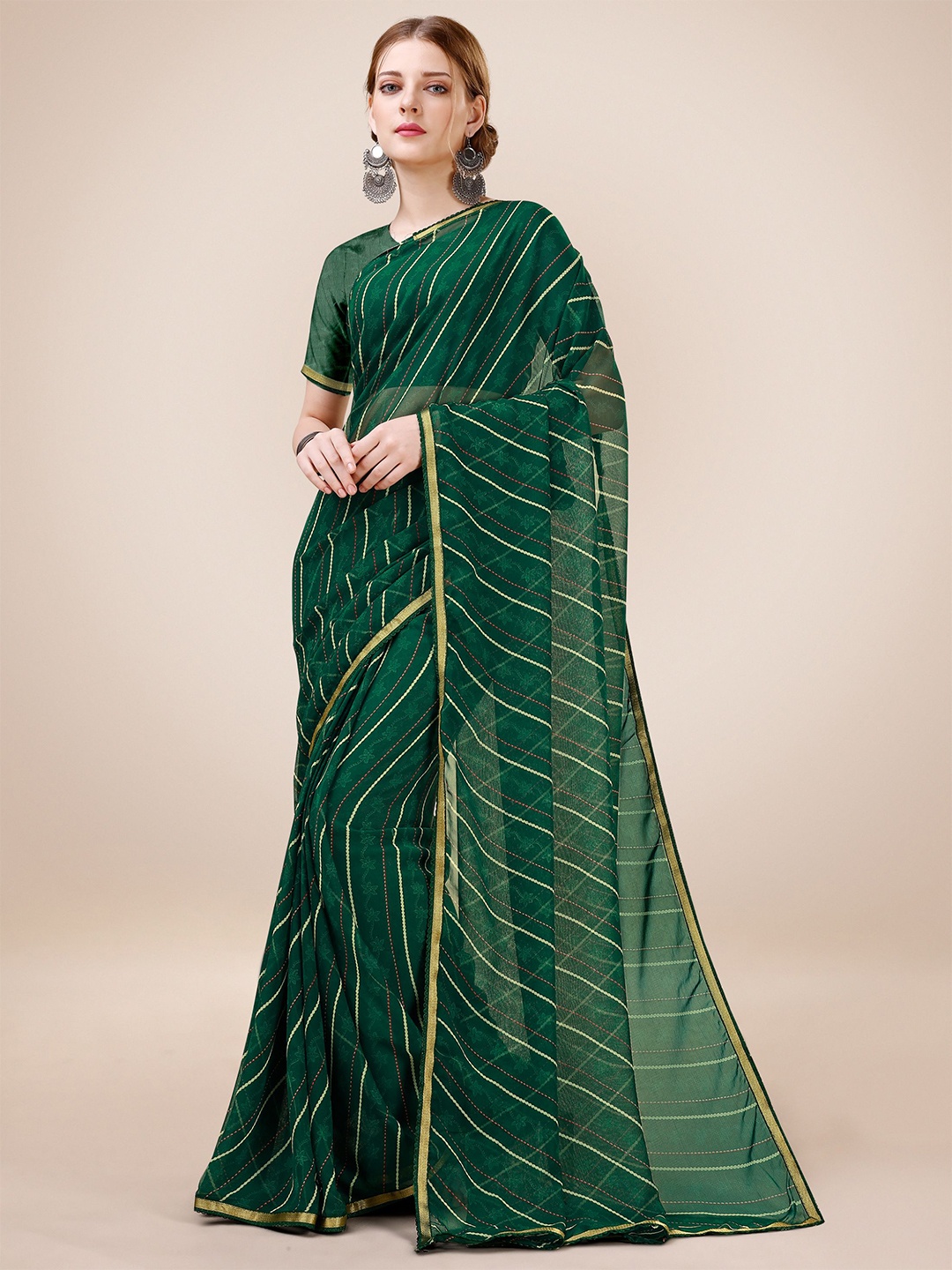 

Dori Zari Pure Chiffon Leheriya Saree, Green