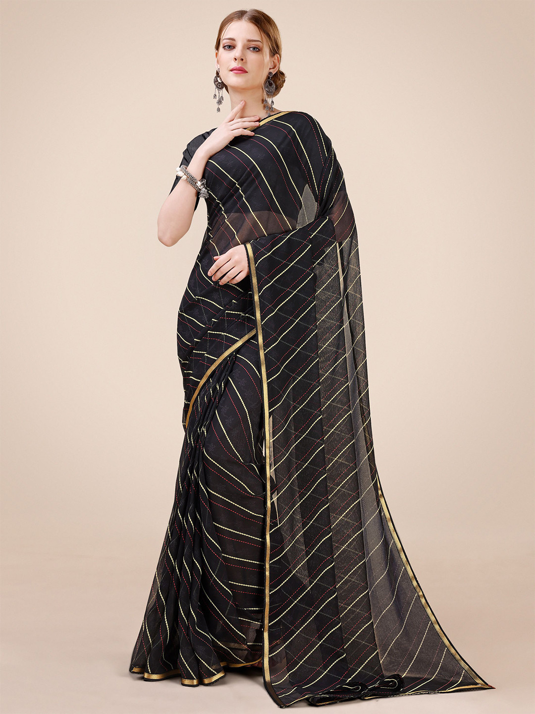 

Dori Zari Pure Chiffon Leheriya Saree, Black