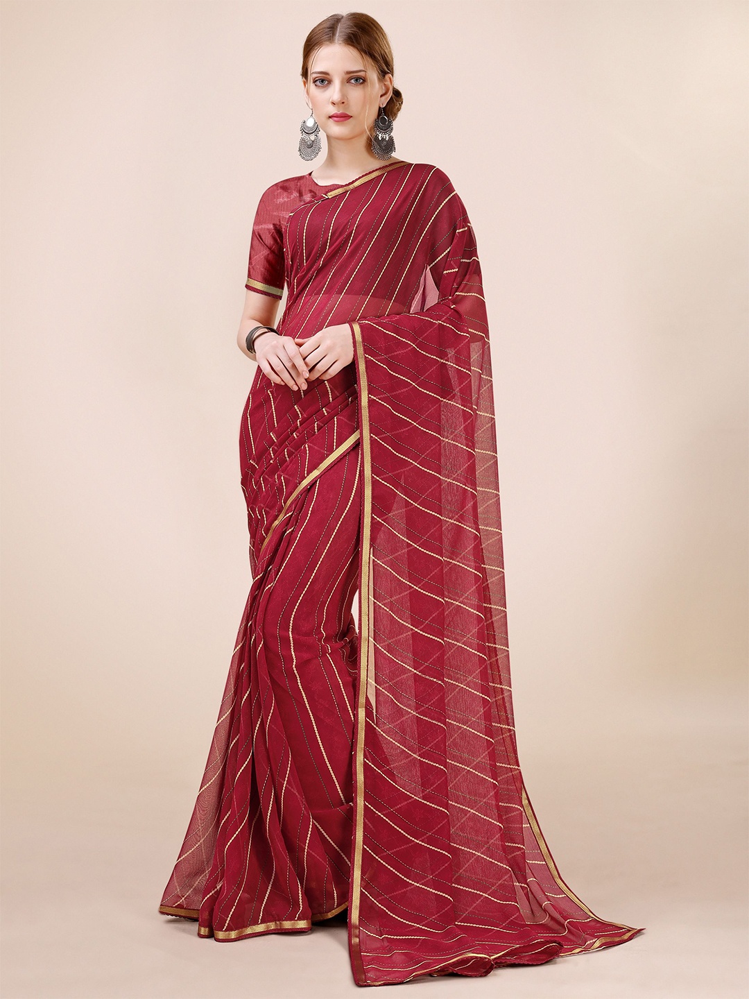 

Dori Zari Pure Chiffon Leheriya Saree, Red