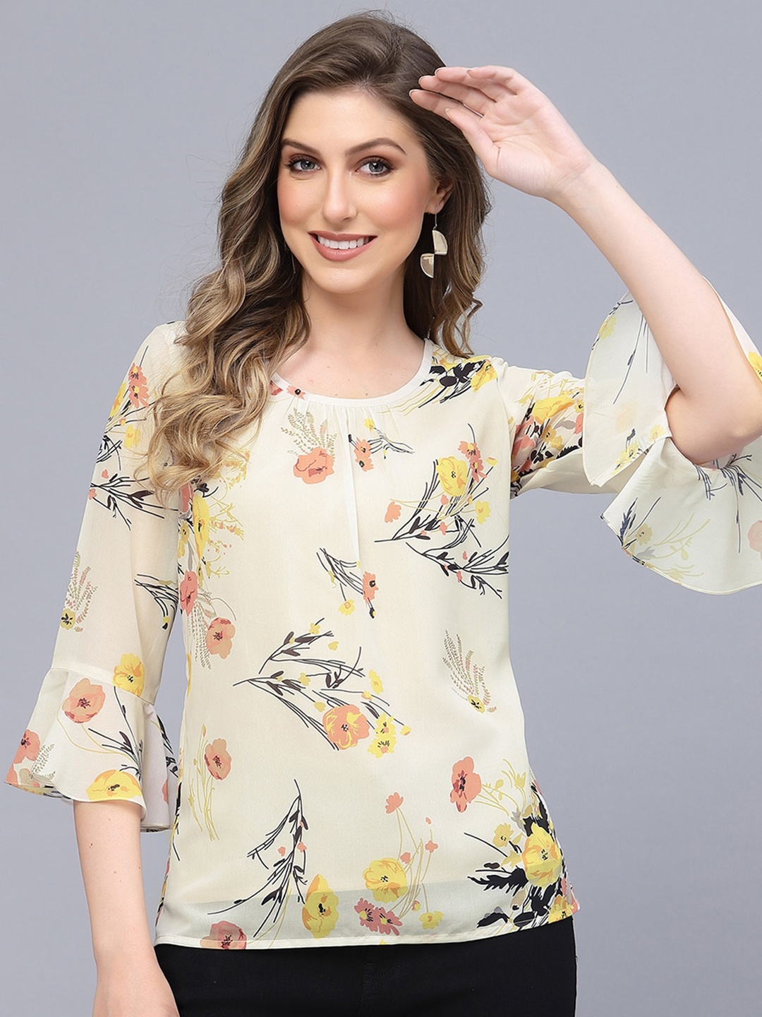 

Selvia Floral Printed Bell Sleeve Georgette Top, Off white