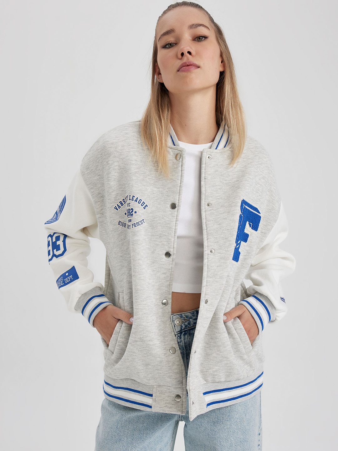 

DeFacto Typography Printed Bomber Jacket, Grey