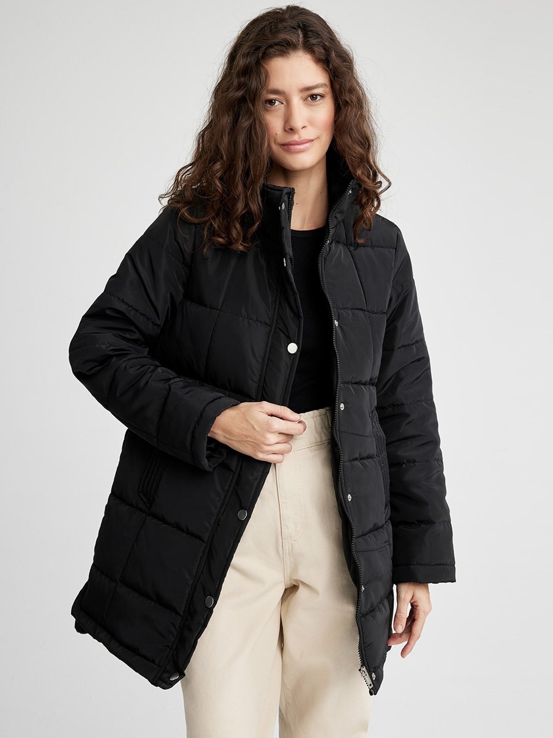 

DeFacto Mock Collar Longline Padded Jacket, Black