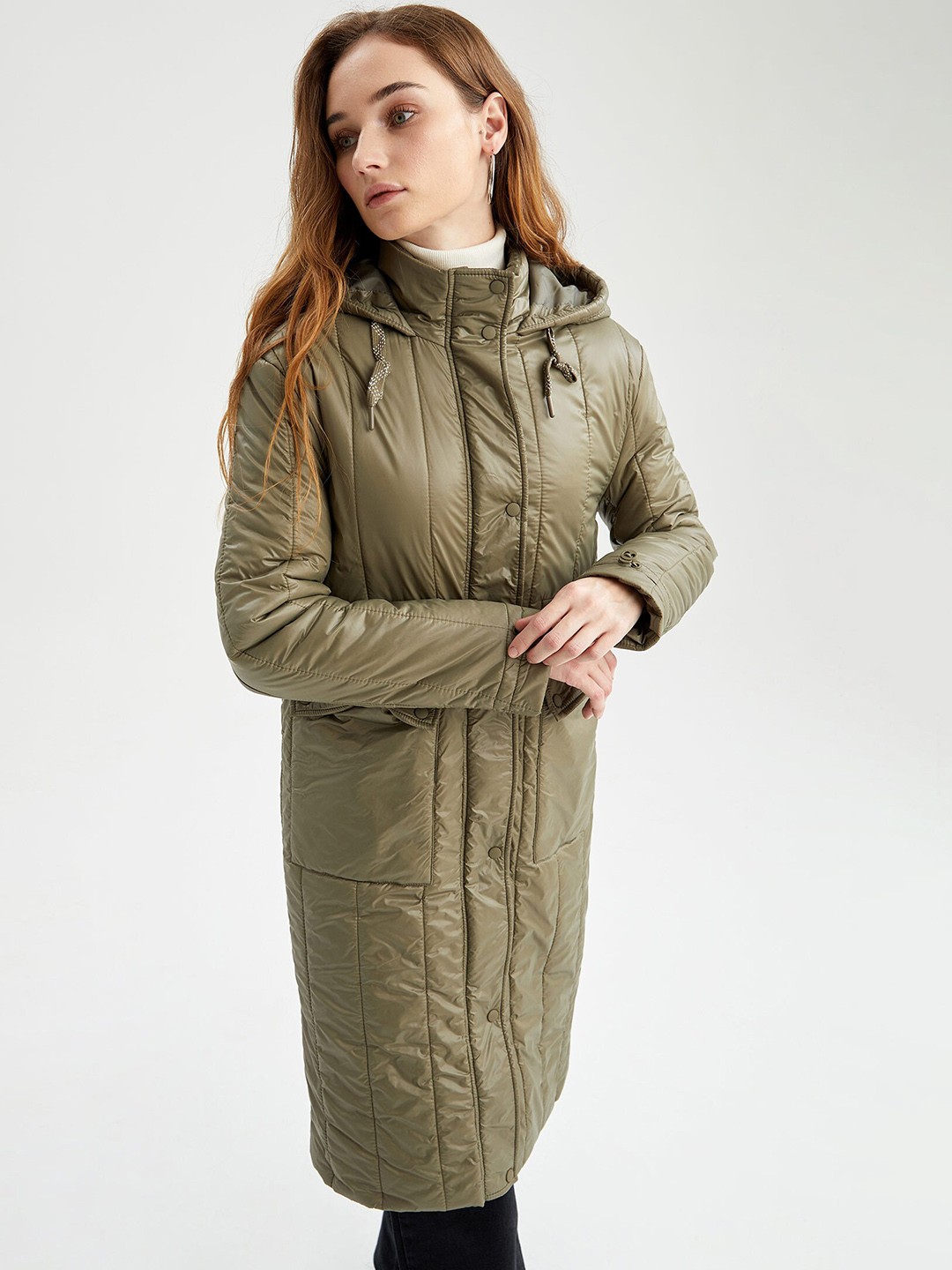 

DeFacto Hooded Longline Padded Jacket, Olive