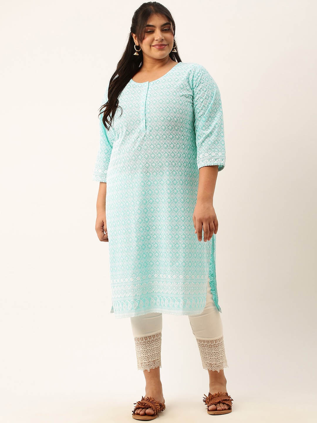 

Zola Plus Size Floral Embroidered Chikankari Round Neck Regular Fit Pure Cotton Kurta, Blue