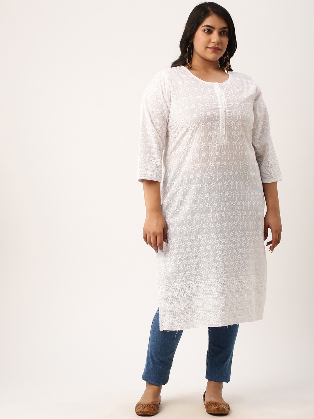 

Zola Plus Size Floral Embroidered Chikankari Round Neck Regular Fit Pure Cotton Kurta, White