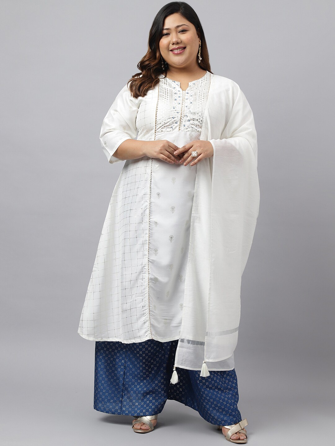 

JANASYA Plus Size Poly Silk Kurta With Palazzo and Dupatta, Off white