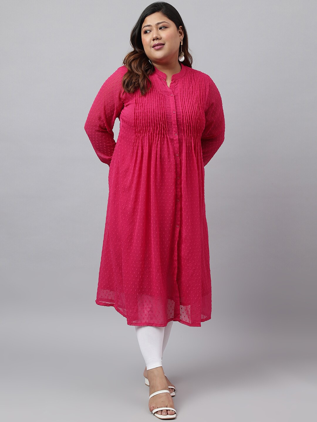 

XL LOVE by Janasya Plus Size Woven Design Accordion Pleated Mandarin Collar A-Line Kurta, Pink