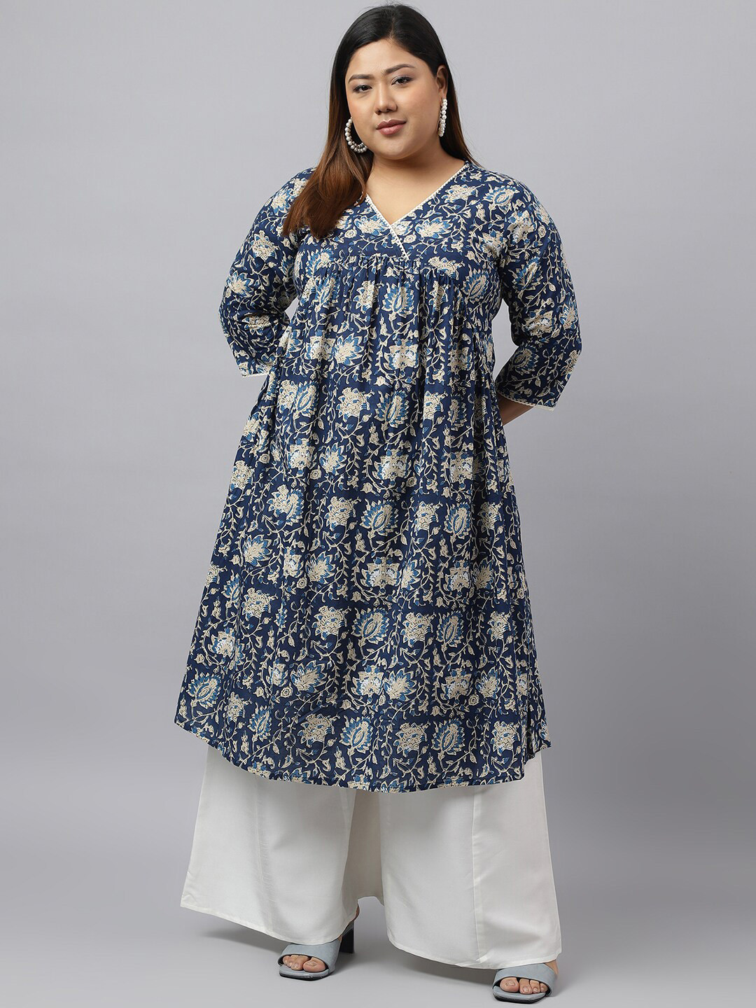 

Janasya Plus Size Floral Printed V-Neck Empire A-Line Cotton Kurta, Navy blue